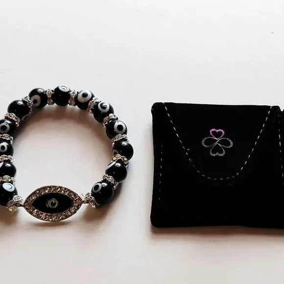 Crystal & Black Beaded Evil Eye Sliver Plated Bracelet - Picture 5 of 7